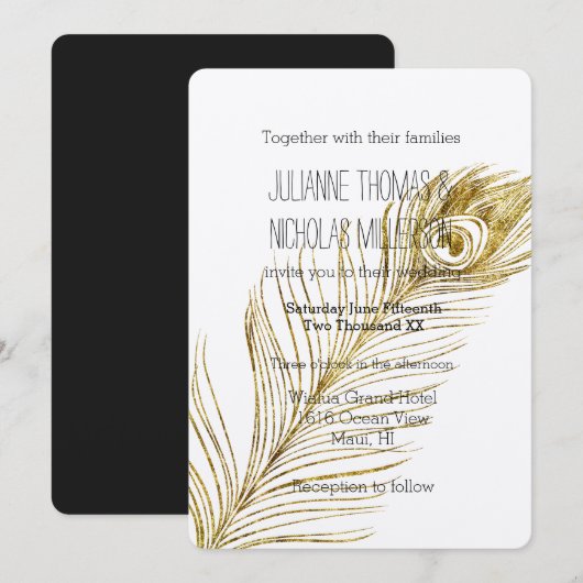 Gouden Glam Pauwveer Bruiloft Kaart (Voorkant / Achterkant)