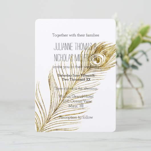 Gouden Glam Pauwveer Bruiloft Kaart (Staand voorkant)