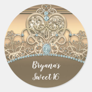 Gouden Glam Prinses Hart Tiara Verjaardagsfeestje Ronde Sticker