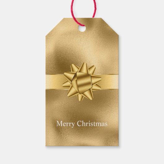 Gouden Glam Ribbon en Boog Kerstmis Cadeaulabel (Voorkant)