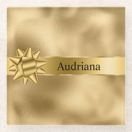 Gouden Glam Ribbon en Boog Kerstmis Glazen Onderzetter (Voorkant)