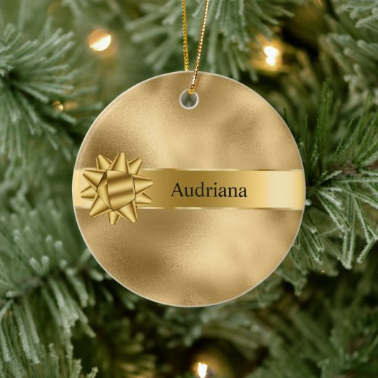Gouden Glam Ribbon en Boog Kerstmis Keramisch Ornament (Boom)