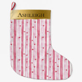 Gouden Glam Roze Witte Hart Stripes Kerstmis Grote Kerstsok (Voorkant)