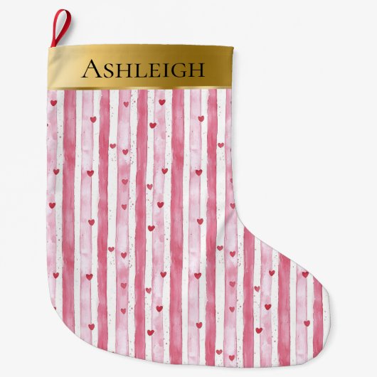 Gouden Glam Roze Witte Hart Stripes Kerstmis Grote Kerstsok (Voorkant)