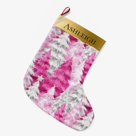 Gouden Glam Roze Witte Kerstbomen Grote Kerstsok (Voorkant (Hangend))