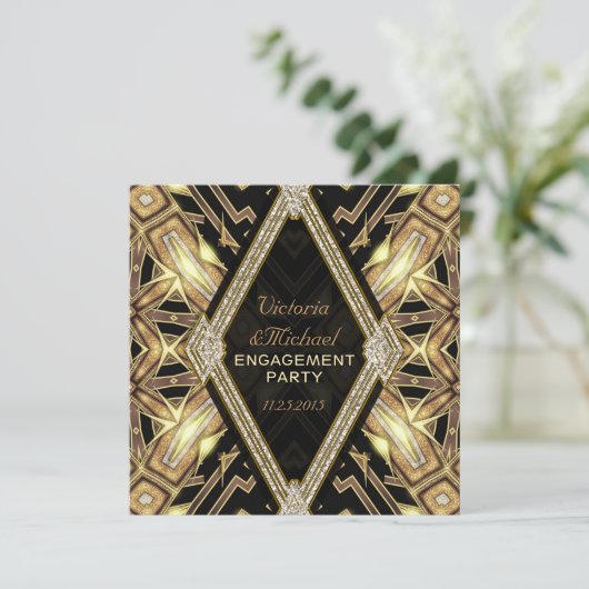 Gouden Glamour Art Deco Engagement Party Kaart (Staand voorkant)