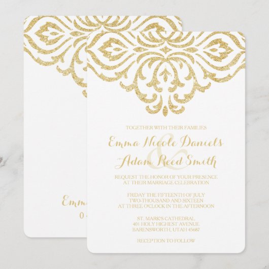 Gouden  Glamour Elegantie Huwelijksuitnodiging Kaart (Voorkant / Achterkant)