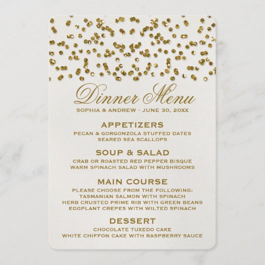 Gouden Glamour Glitter Confetti Bruiloft Menu (Voorkant)
