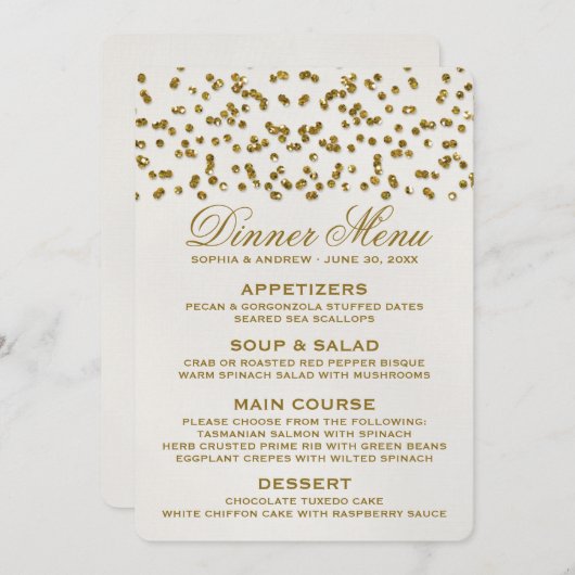 Gouden Glamour Glitter Confetti Bruiloft Menu (Voorkant / Achterkant)