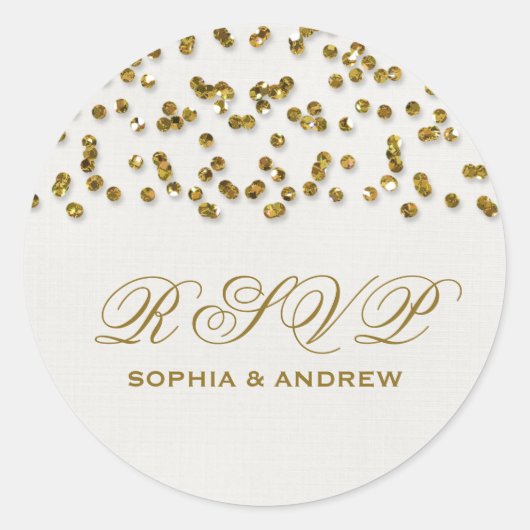 Gouden Glamour Glitter Confetti RSVP Ronde Sticker (Voorkant)