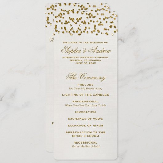 Gouden Glamour Glitter Confetti Trouwprogramma Programmakaart (Voorkant / Achterkant)