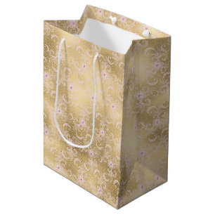 Gouden glamour mooie roze kant bloemrijke bruidsdo medium cadeauzakje