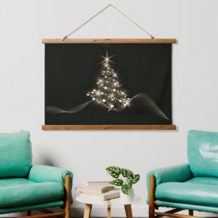 Gouden glans van sterren op donkere kerstboom hangend wandkleed