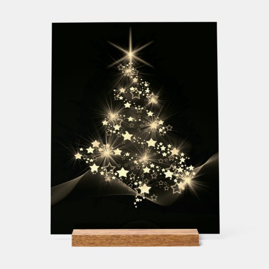 Gouden Glans Van Sterren Op Kerstboom Donker Acryl Bord (Voorkant)
