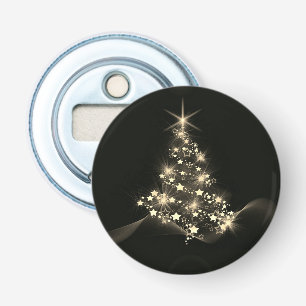 Gouden Glans Van Sterren Op Kerstboom Donker Button Flesopener