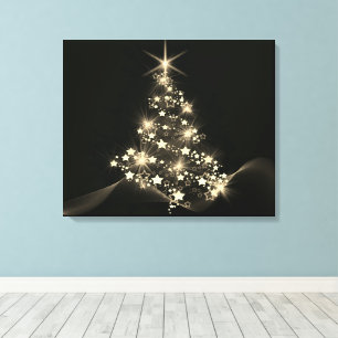 Gouden Glans Van Sterren Op Kerstboom Donker Canvas Afdruk