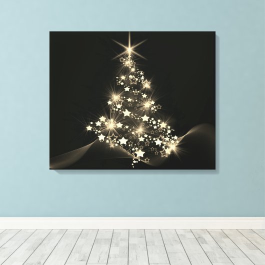 Gouden Glans Van Sterren Op Kerstboom Donker Canvas Afdruk (Insitu (Houten vloer))