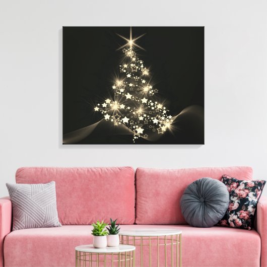 Gouden Glans Van Sterren Op Kerstboom Donker Canvas Afdruk (Insitu (Woonkamer))