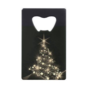 Gouden Glans Van Sterren Op Kerstboom Donker Creditkaart Flessenopener