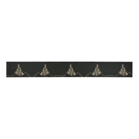 Gouden Glans Van Sterren Op Kerstboom Donker Grosgrain Lint (Voorkant)