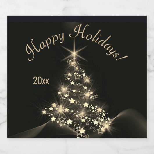 Gouden Glans Van Sterren Op Kerstboom Donker Sparkling Wijnetiket (Enkel label)