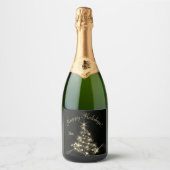 Gouden Glans Van Sterren Op Kerstboom Donker Sparkling Wijnetiket (Voorkant)