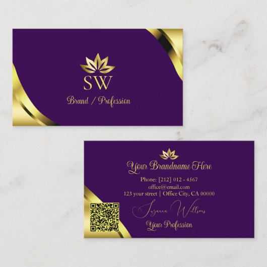 Gouden Glanshoeken op Paarse Monogram QR-code Visitekaartje (Voorkant / Achterkant)