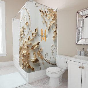 Gouden Glanzend Oranje Monogram Moderne Script Huw Douchegordijn