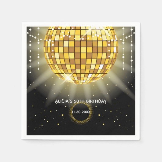 Gouden Glanzende Discobal Zwarte Verjaardag Servet (Voorkant)