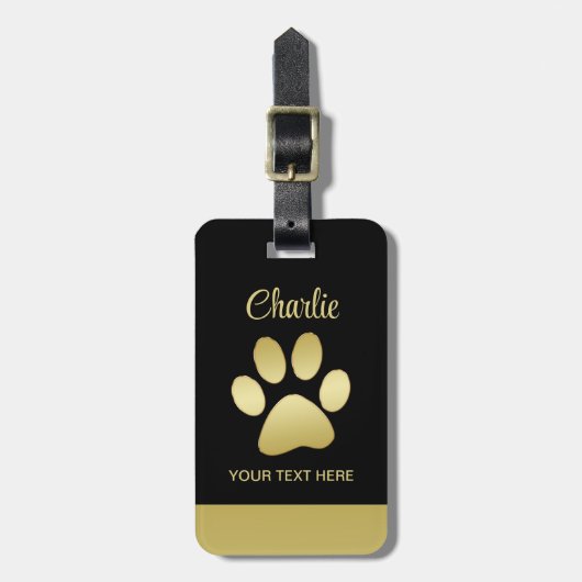 Gouden glanzende hondenpoot op zwarte achtergrond bagagelabel (Voorkant verticaal)