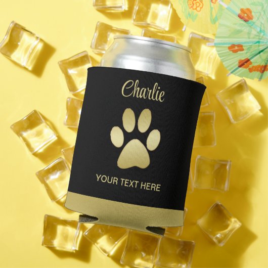 Gouden glanzende hondenpoot op zwarte achtergrond blikjeskoeler (Insitu Zomer)