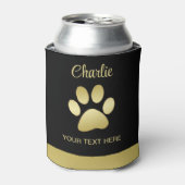 Gouden glanzende hondenpoot op zwarte achtergrond blikjeskoeler (Blikje Voorkant)