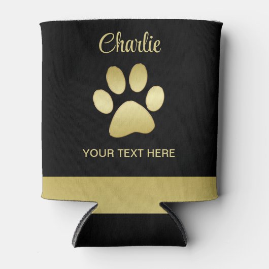 Gouden glanzende hondenpoot op zwarte achtergrond blikjeskoeler (Voorkant)