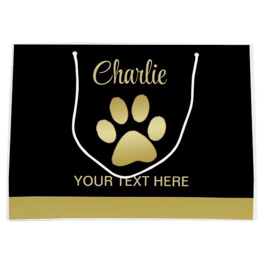 Gouden glanzende hondenpoot op zwarte achtergrond groot cadeauzakje (Voorkant)