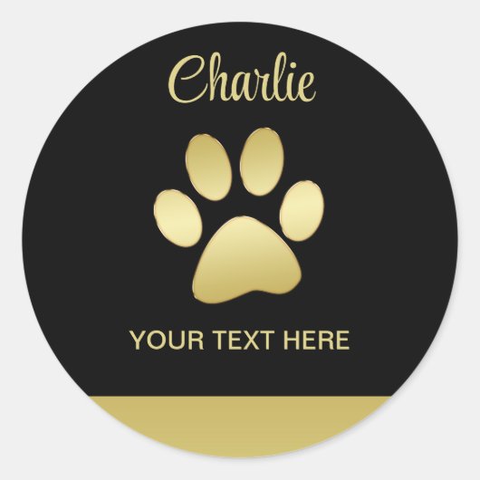 Gouden glanzende hondenpoot op zwarte achtergrond ronde sticker (Voorkant)