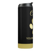 Gouden glanzende hondenpoot op zwarte achtergrond thermosbeker (Gedraaid links)