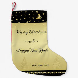 Gouden glanzende kerststerren, poten op goud & zwa kleine kerstsok