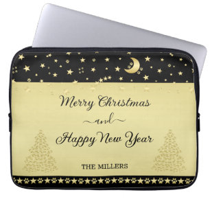 Gouden glanzende kerststerren, poten op goud & zwa laptop sleeve