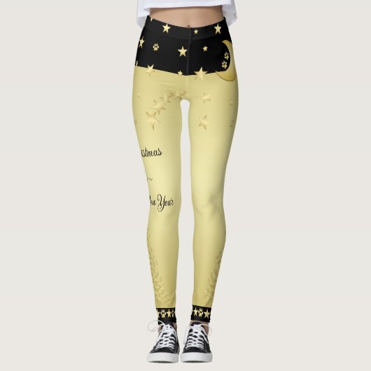 Gouden glanzende kerststerren, poten op goud & zwa leggings (Voorkant)
