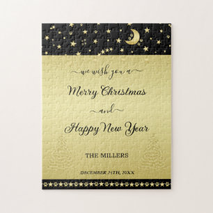 Gouden glanzende kerststerren, poten op goud & zwa legpuzzel