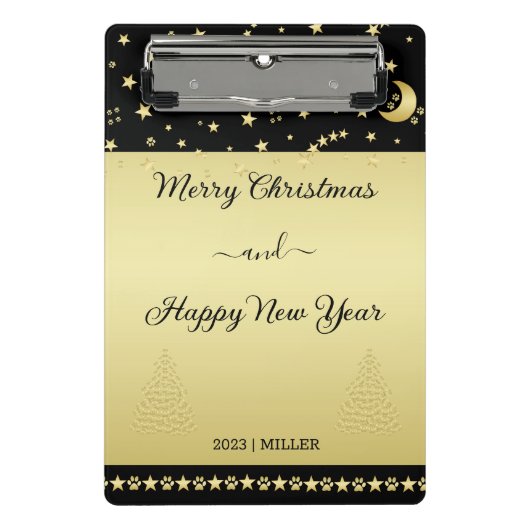 Gouden glanzende kerststerren, poten op goud & zwa mini klembord (Voorkant)