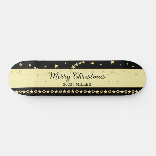 Gouden glanzende kerststerren, poten op goud & zwa persoonlijk skateboard (Horizontaal)