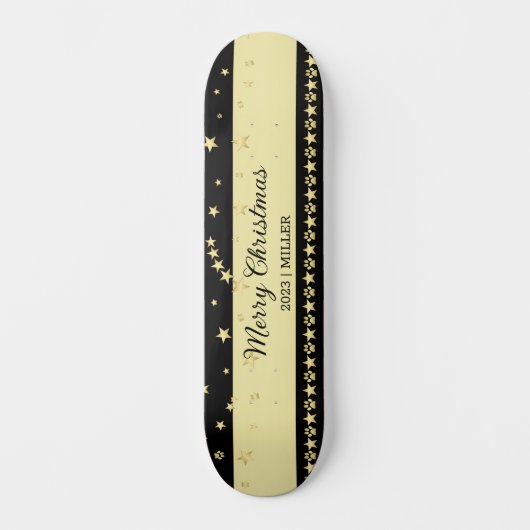 Gouden glanzende kerststerren, poten op goud & zwa persoonlijk skateboard (Voorkant)