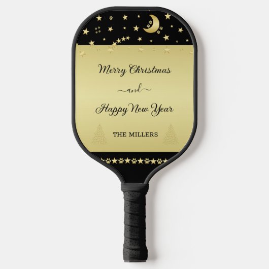 Gouden glanzende kerststerren, poten op goud & zwa pickleball paddle (Voorkant)