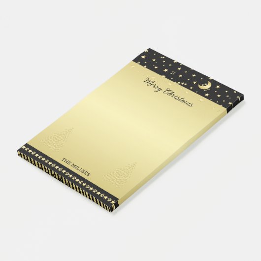 Gouden glanzende kerststerren, poten op goud & zwa post-it® notes (Schuin)