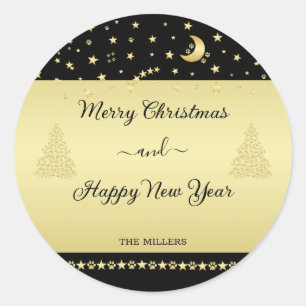 Gouden glanzende kerststerren, poten op goud & zwa ronde sticker