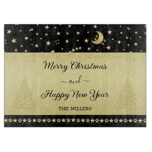 Gouden glanzende kerststerren, poten op goud & zwa snijplank (Voorkant)