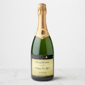 Gouden glanzende kerststerren, poten op goud & zwa sparkling wijnetiket (Voorkant)
