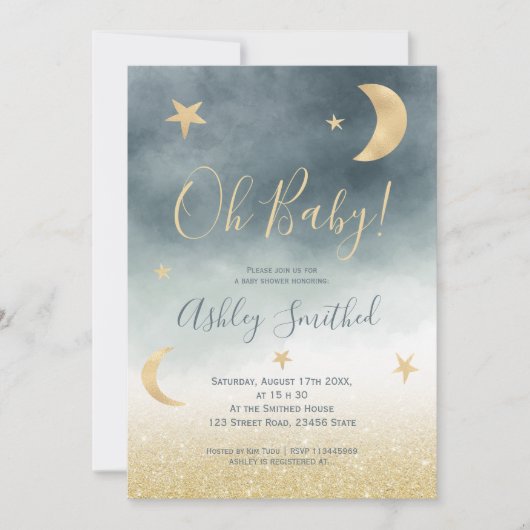Gouden glinster maan ster blauw waterverf baby sho kaart (Voorkant)