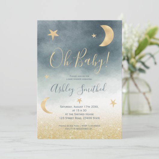 Gouden glinster maan ster blauw waterverf baby sho kaart (Staand voorkant)